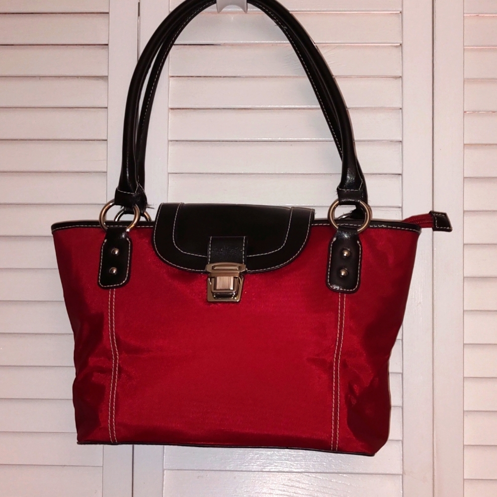 Loft Ann Taylor Red Nylon Double Strap Tote Bag